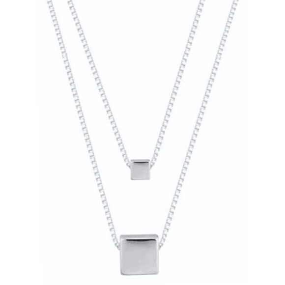 Sterling Silver Plated Two Row Necklace With Square Pendant - Picture 1 of 3